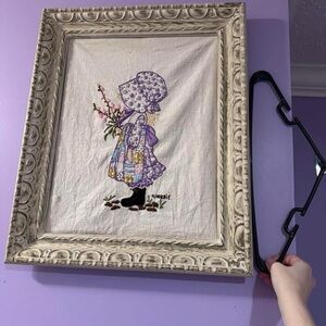 Holly Hobbie Crosstitch Mixed Media Art with Floral Accents wooden frame